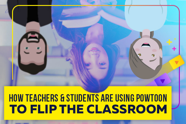 Upside down animated characters and girl in classroom